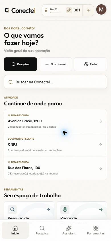 Dashboard operacional da Conectei no celular