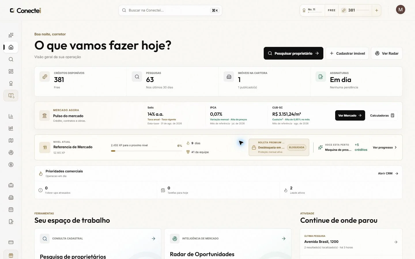 Dashboard responsivo da plataforma Conectei