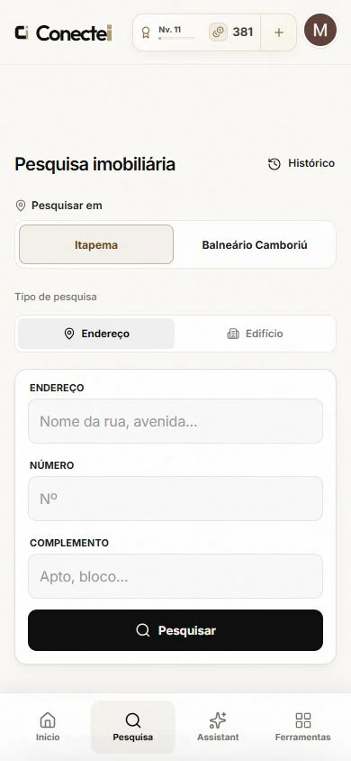 Pesquisa de imóveis da Conectei no celular